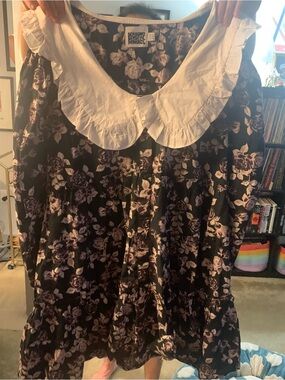 Reclaimed Vintage Black Dress with White Rose Print and White Trim